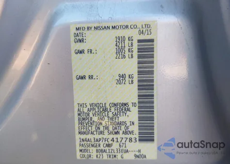 2015 Nissan Altima 2.5 Sv from USA, damaged, VIN 1N4AL3AP7FC417783